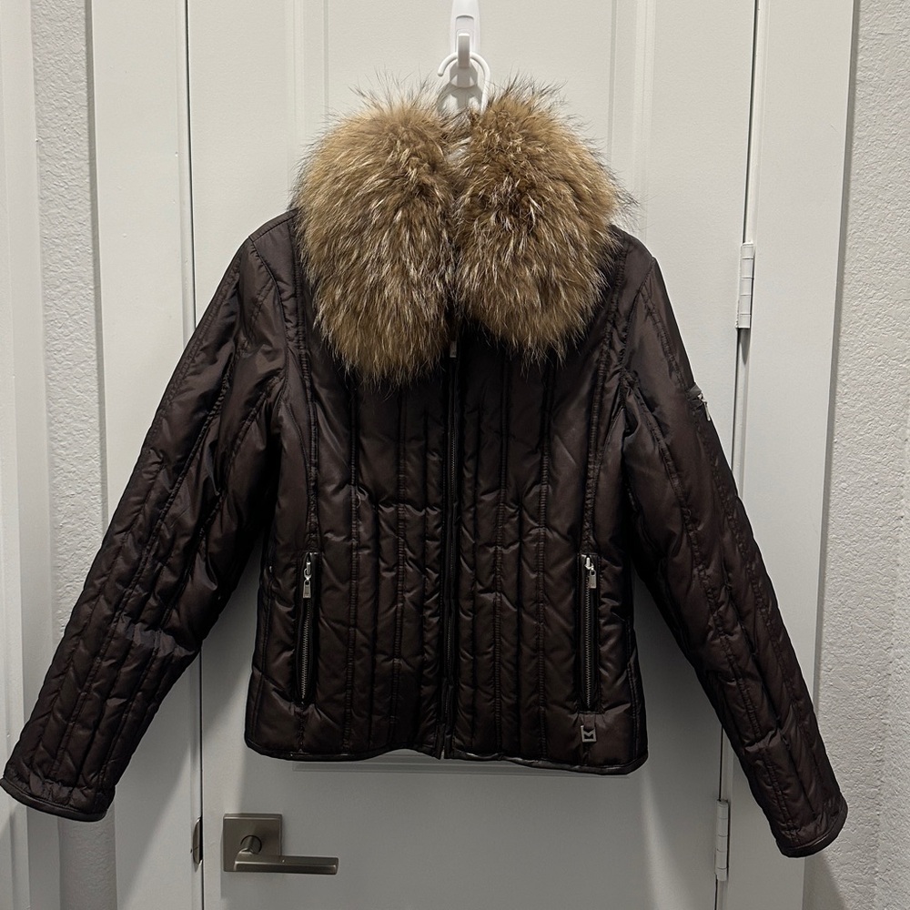 Michael Kors Dark Brown Puffer Jacket with Fox Fur Collar